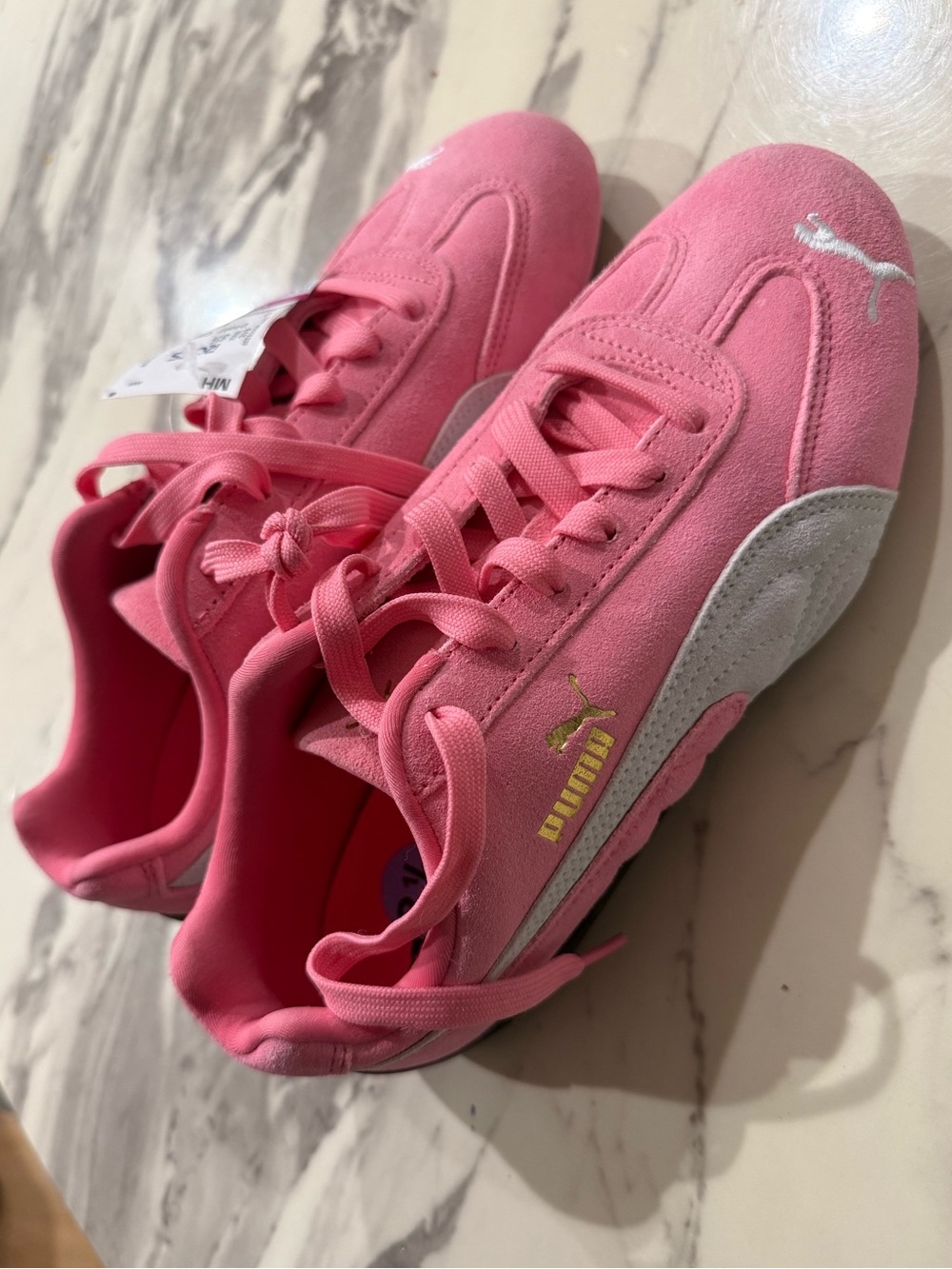 Puma Pink Suede Low-Top Sneakers with Gold Logo
